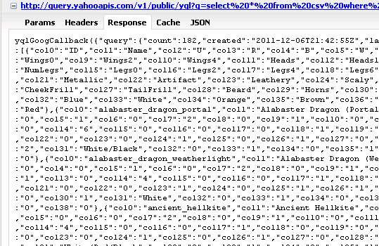 yql's json response, raw yql's json response, raw